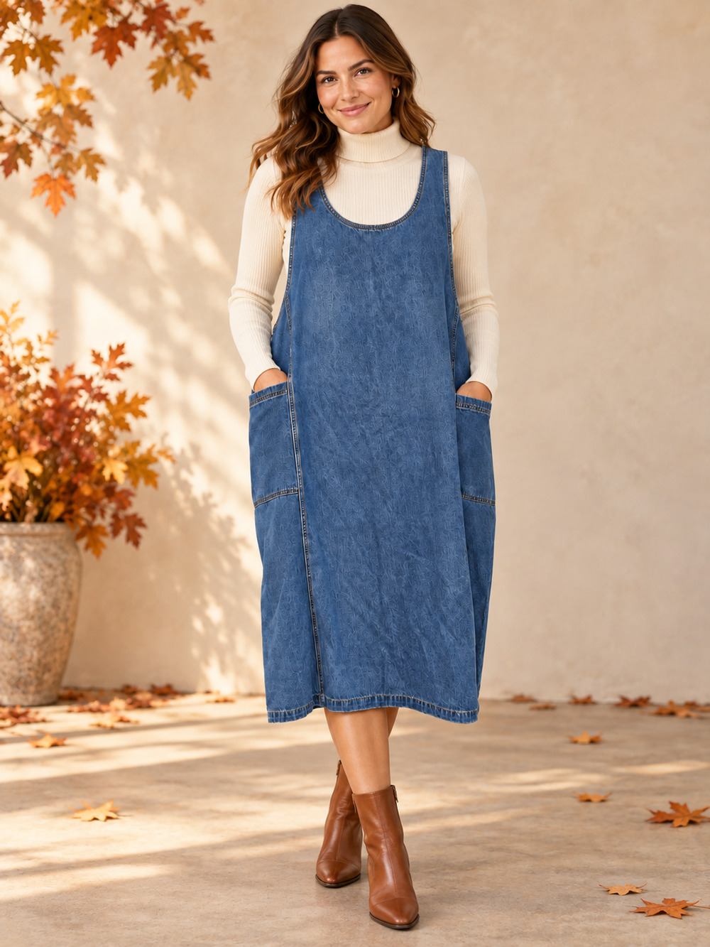 Vtg Rout 66 Denim Jumper Dress 3X Pockets Cottage Minimal Retro Western